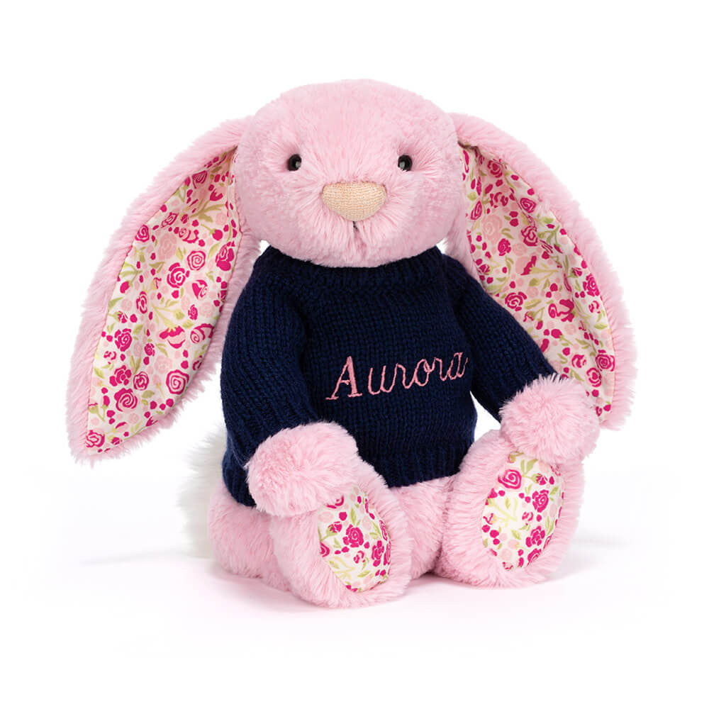 Blushkin Blossom Luxe Bunny with Personalized Navy Jumper | Jellycat
