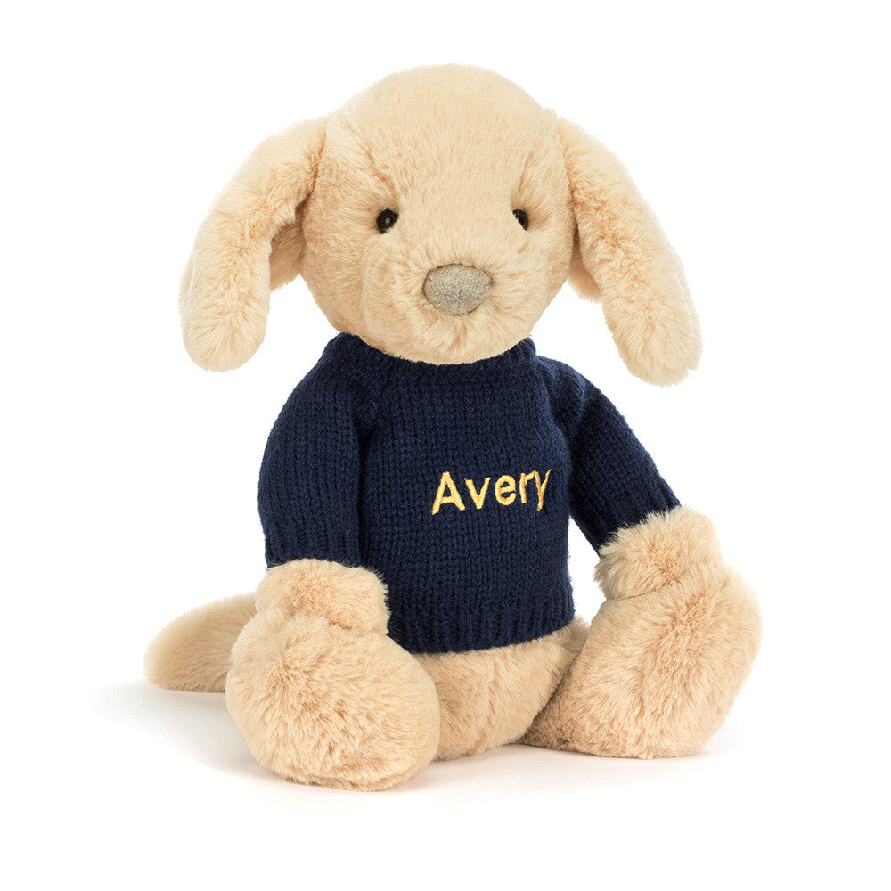 Bashful Luxe Puppy Orlando with Personalized Navy Jumper | Jellycat