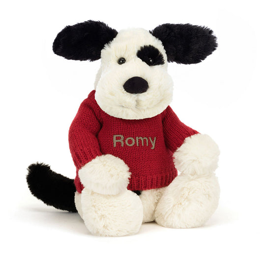 Bashful Black & Cream Puppy with Personalized Red Jumper | Jellycat