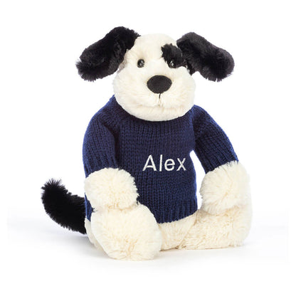 Bashful Black & Cream Puppy with Personalized Navy Jumper | Jellycat