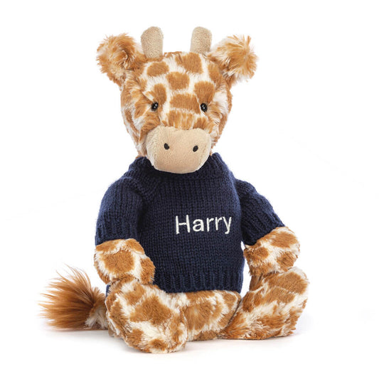 Bashful Giraffe with Personalized Navy Jumper | Jellycat