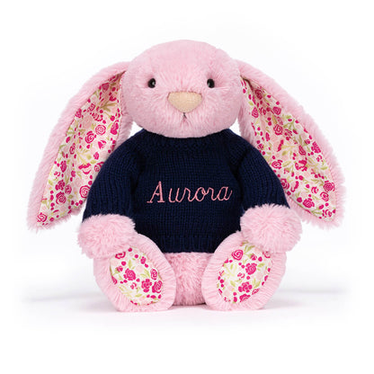 Blushkin Blossom Luxe Bunny with Personalized Navy Jumper | Jellycat