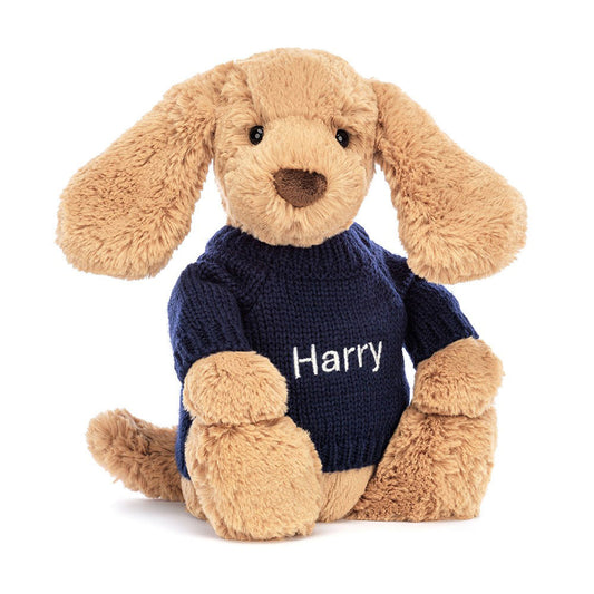 Bashful Toffee Puppy with Personalized Navy Jumper | Jellycat