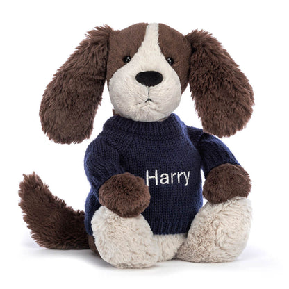 Bashful Fudge Puppy with Personalized Navy Jumper | Jellycat