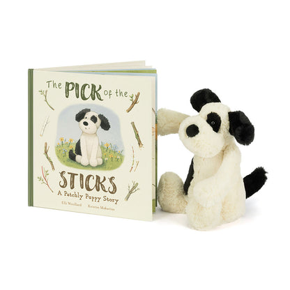 The Pick of the Sticks Book and Bashful Black & Cream Puppy Medium | Jellycat