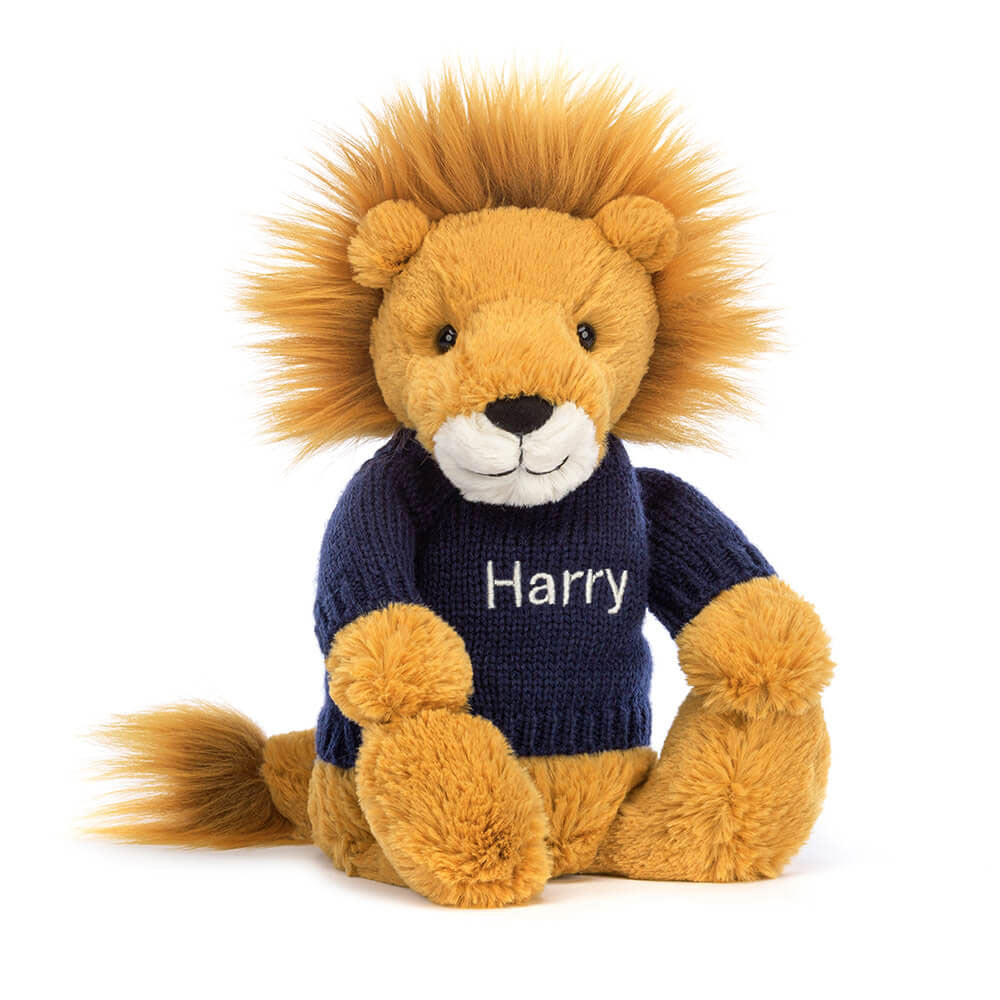 Bashful Lion with Personalized Navy Jumper | Jellycat
