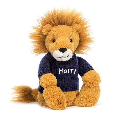 Bashful Lion with Personalized Navy Jumper | Jellycat