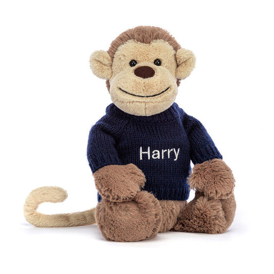 Bashful Monkey with Personalized Navy Jumper | Jellycat