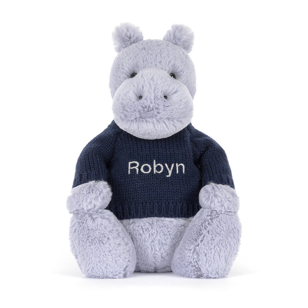 Bashful Hippo with Personalized Navy Jumper | Jellycat