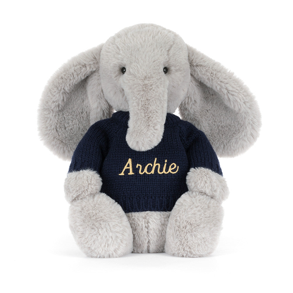 Bashful Luxe Elephant Thuddeus with Personalized Navy Jumper | Jellycat