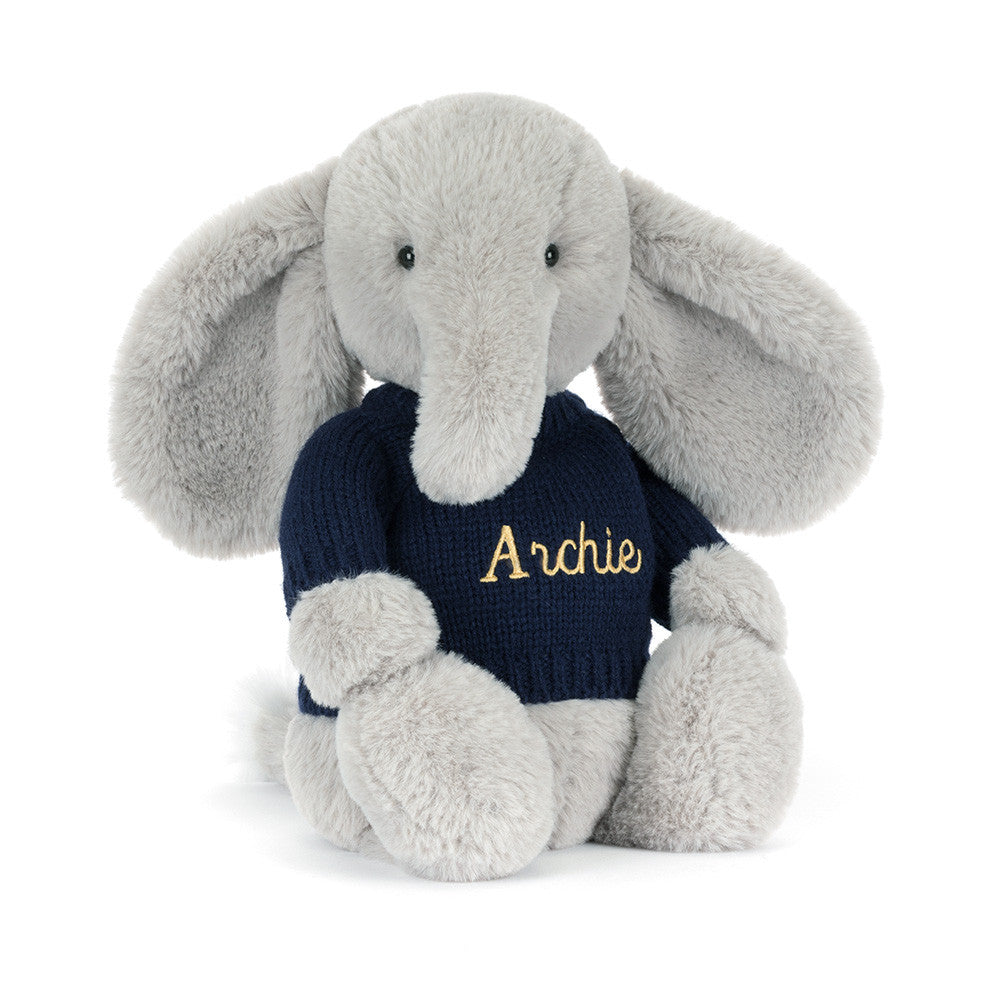 Bashful Luxe Elephant Thuddeus with Personalized Navy Jumper | Jellycat