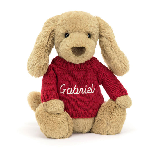 Bashful Toffee Puppy with Personalized Red Jumper | Jellycat