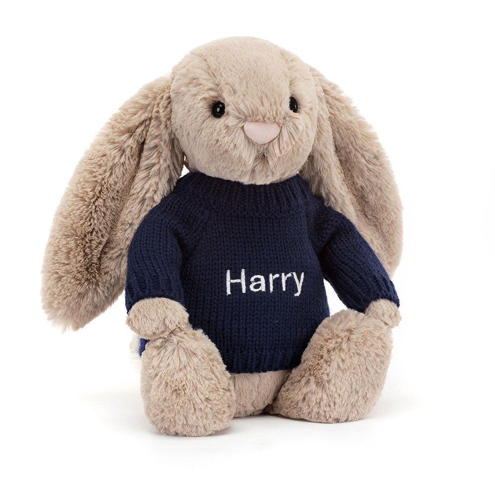 Bashful Beige Bunny with Personalized Navy Jumper | Jellycat