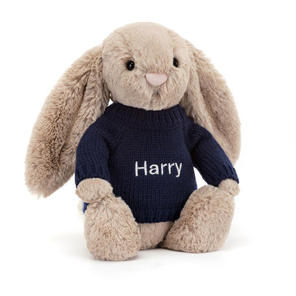 Bashful Beige Bunny with Personalized Navy Jumper | Jellycat