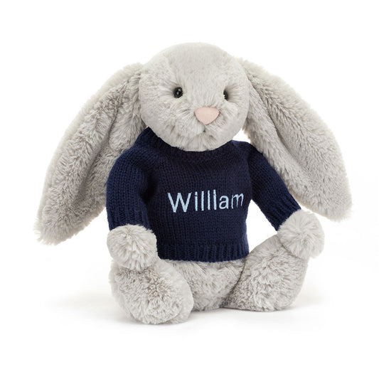 Bashful Silver Bunny with Personalized Navy Jumper | Jellycat