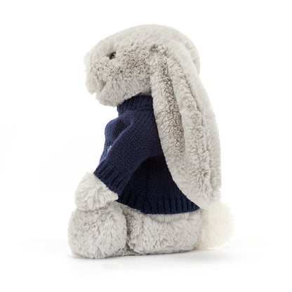 Bashful Silver Bunny with Personalized Navy Jumper | Jellycat