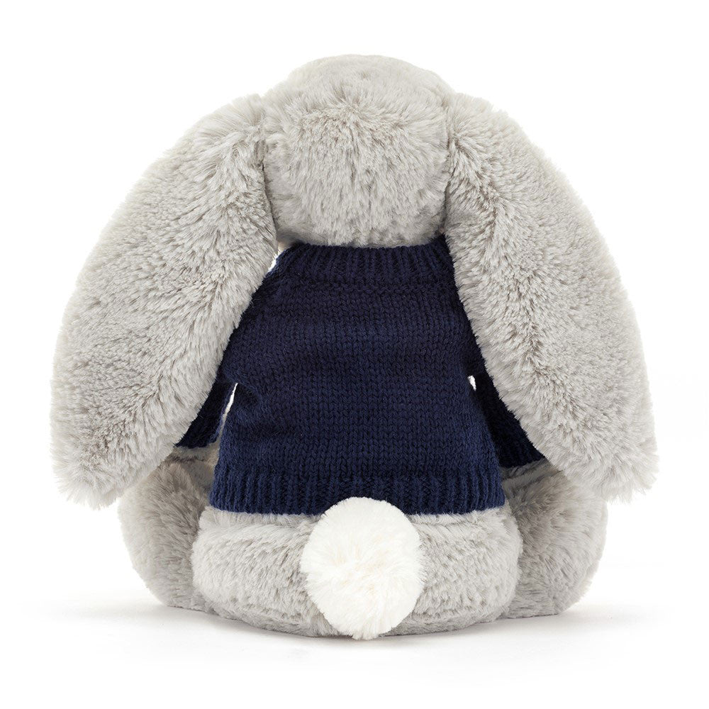 Bashful Silver Bunny with Personalized Navy Jumper | Jellycat
