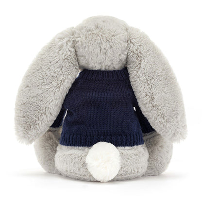 Bashful Silver Bunny with Personalized Navy Jumper | Jellycat