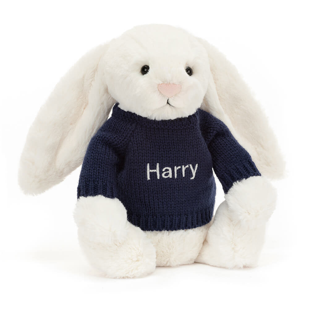 Bashful Cream Bunny with Personalized Navy Jumper | Jellycat