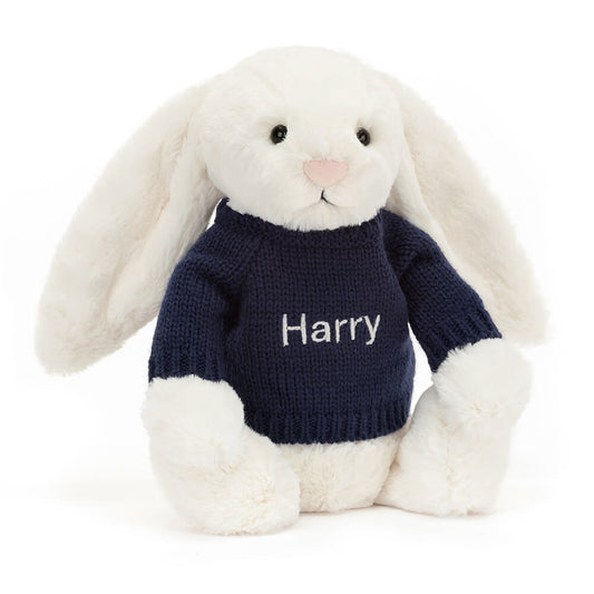 Bashful Cream Bunny with Personalized Navy Jumper | Jellycat