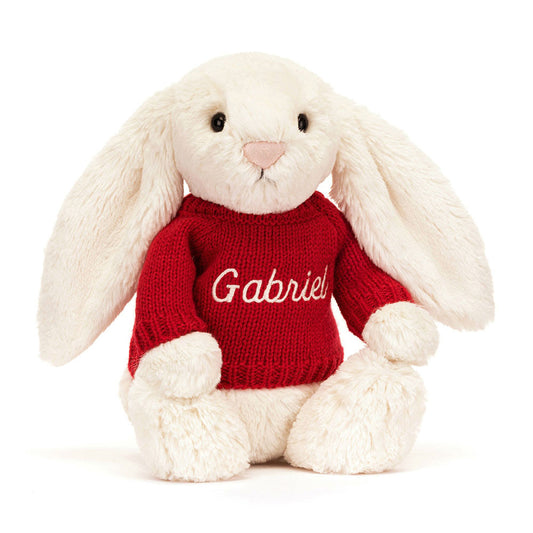Bashful Cream Bunny with Personalized Red Jumper | Jellycat