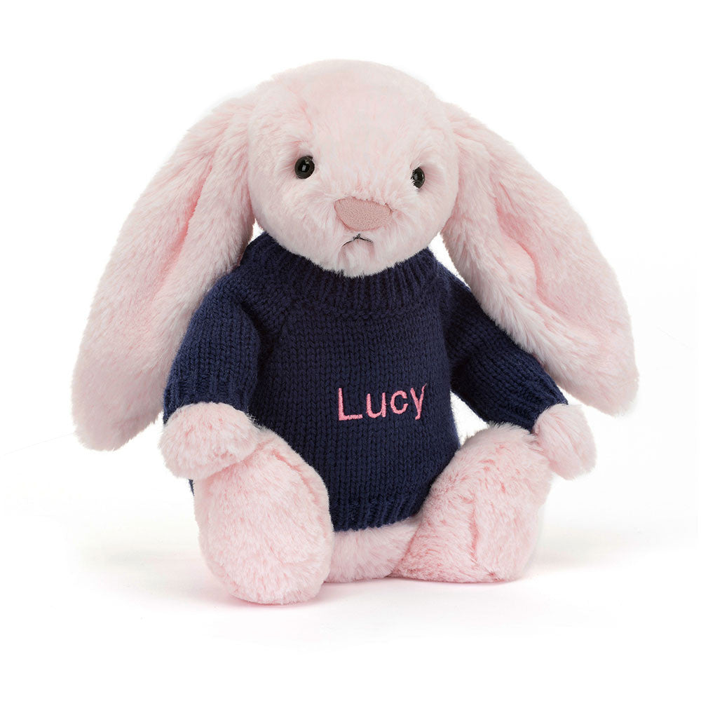 Bashful Pink Bunny with Personalized Navy Jumper | Jellycat