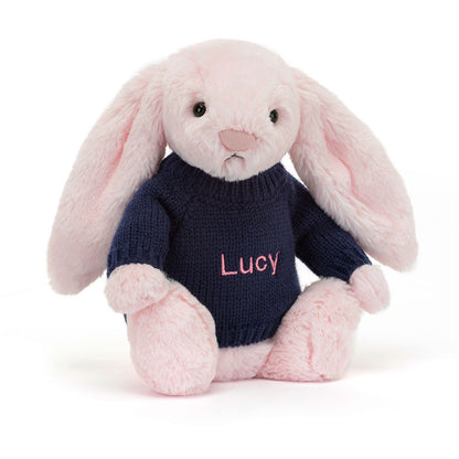 Bashful Pink Bunny with Personalized Navy Jumper | Jellycat