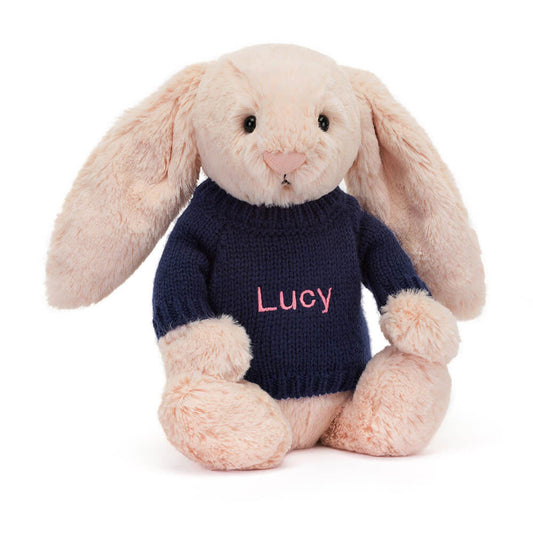 Bashful Blush Bunny with Personalized Navy Jumper | Jellycat