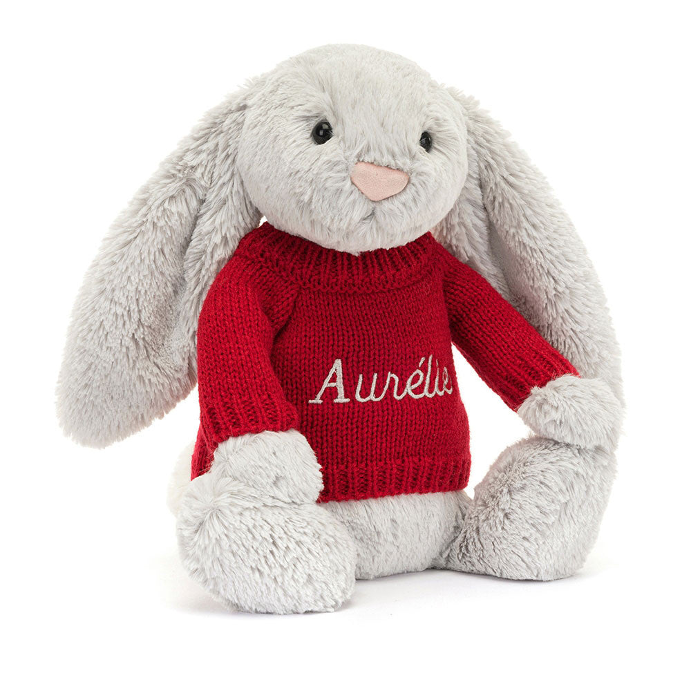 Bashful Silver Bunny with Personalized Red Jumper | Jellycat