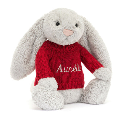 Bashful Silver Bunny with Personalized Red Jumper | Jellycat