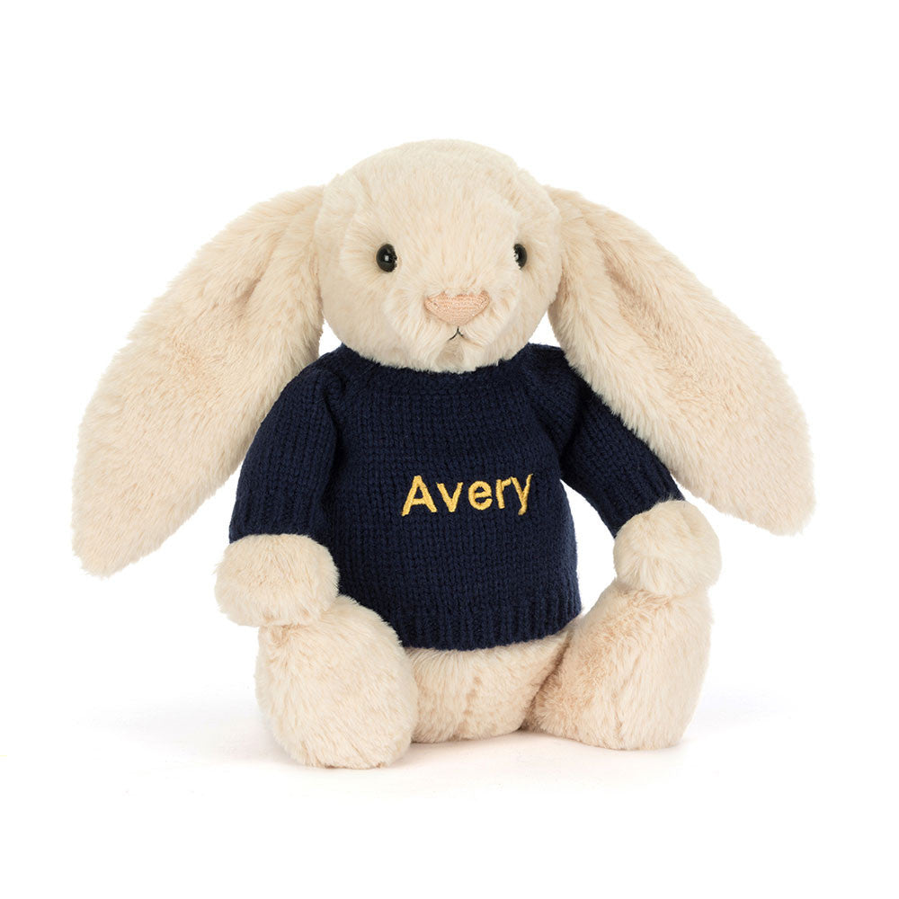 Bashful Luxe Bunny Willow with Personalized Navy Jumper | Jellycat