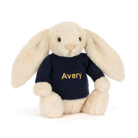 Bashful Luxe Bunny Willow with Personalized Navy Jumper | Jellycat