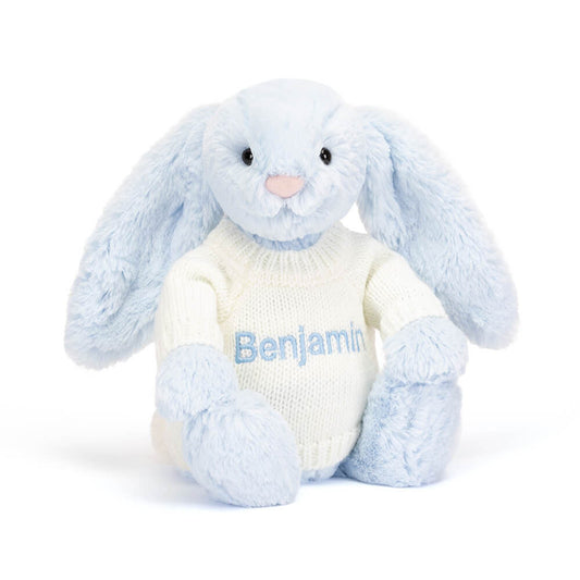 Bashful Blue Bunny with Personalized Cream Jumper | Jellycat