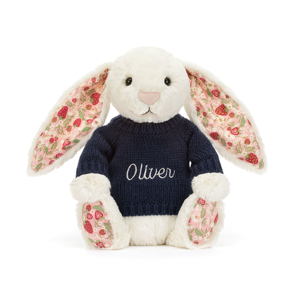 Blossom Cream Bunny 'Berry' with Personalized Navy Jumper | Jellycat