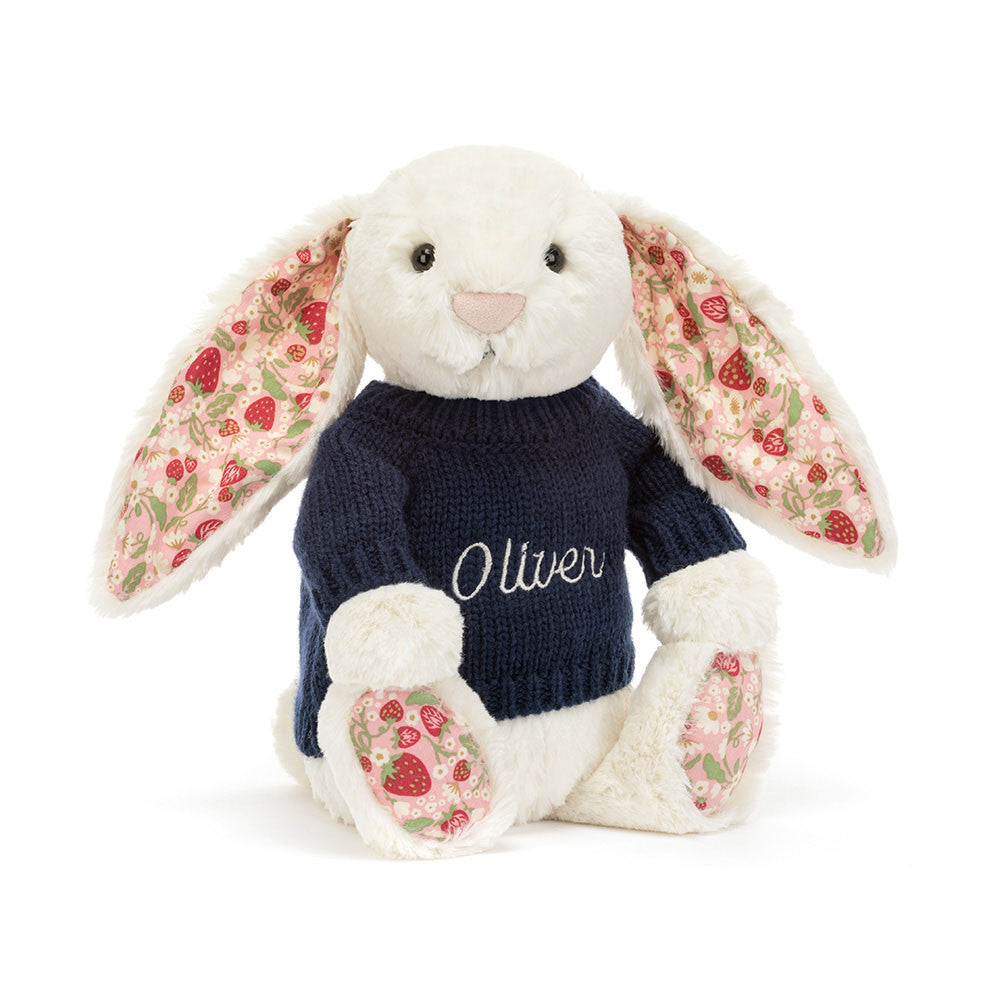 Blossom Cream Bunny 'Berry' with Personalized Navy Jumper | Jellycat