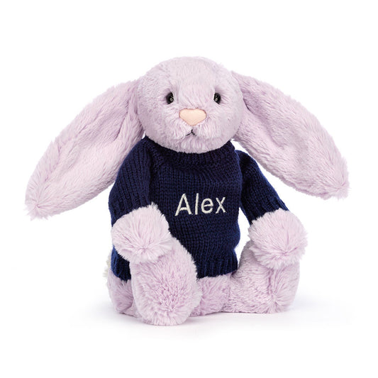 Bashful Lilac Bunny with Personalized Navy Jumper | Jellycat