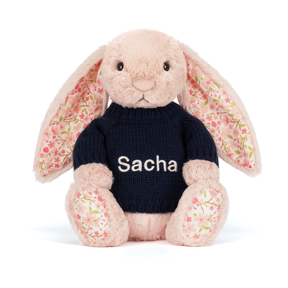 Blossom Blush Bunny 'Cherry' with Personalized Navy Jumper | Jellycat