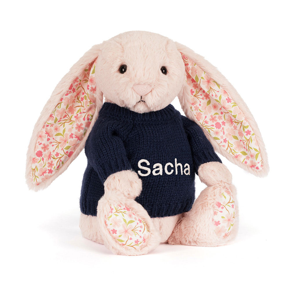 Blossom Blush Bunny 'Cherry' with Personalized Navy Jumper | Jellycat