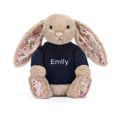 Blossom Beige Bunny 'Petal' with Personalized Navy Jumper | Jellycat