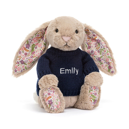 Blossom Beige Bunny 'Petal' with Personalized Navy Jumper | Jellycat
