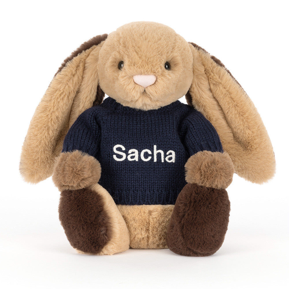 Bashful Patchwork Brown Bunny with Personalized Navy Jumper | Jellycat