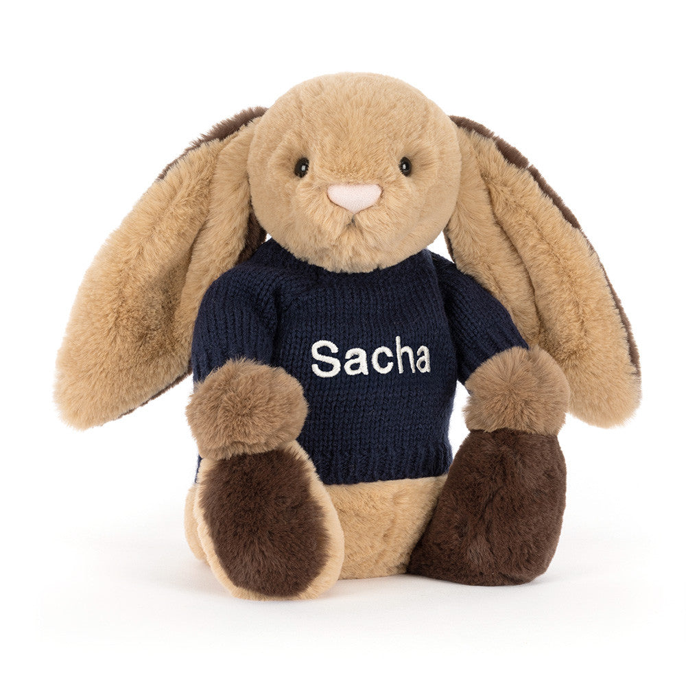 Bashful Patchwork Brown Bunny with Personalized Navy Jumper | Jellycat