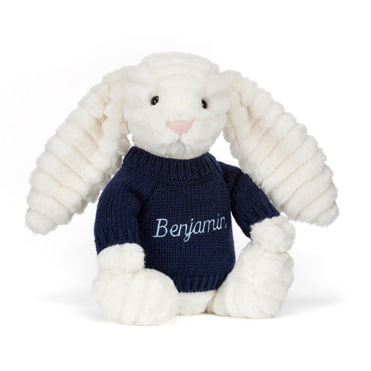 Bashful Luxe Bunny Nimbus with Personalized Navy Jumper | Jellycat