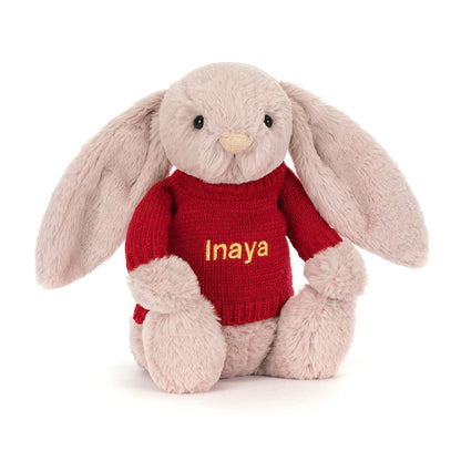 Bashful Luxe Bunny Rosa with Personalized Red Jumper | Jellycat