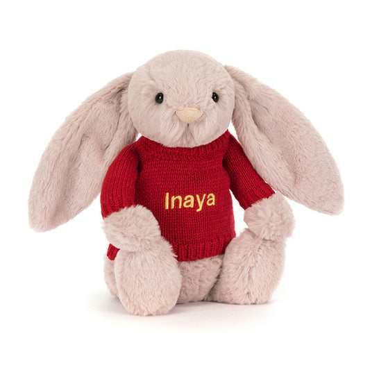 Bashful Luxe Bunny Rosa with Personalized Red Jumper | Jellycat