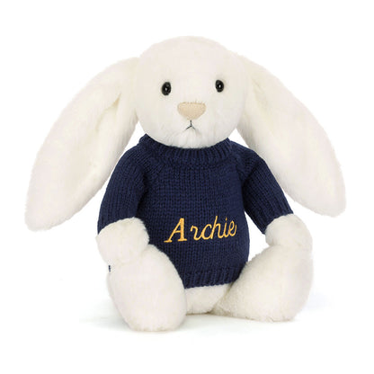 Bashful Luxe Bunny Luna with Personalized Navy Jumper | Jellycat