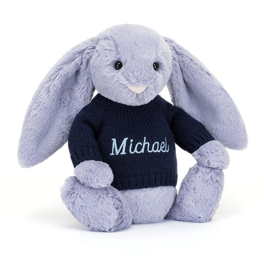 Bashful Viola Bunny with Personalized Navy Jumper | Jellycat