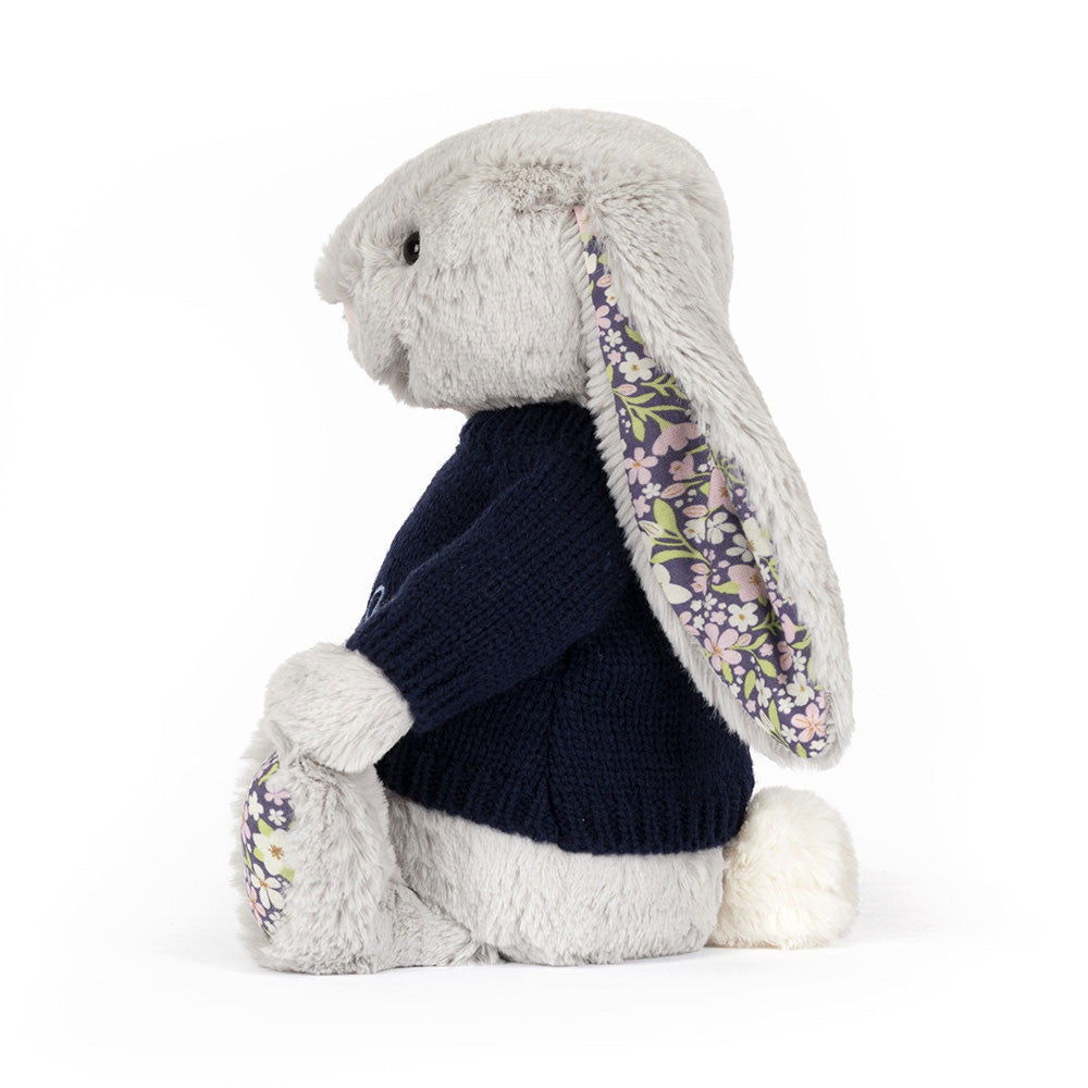 Blossom Silver Bunny 'Bloom' with Personalized Navy Jumper | Jellycat