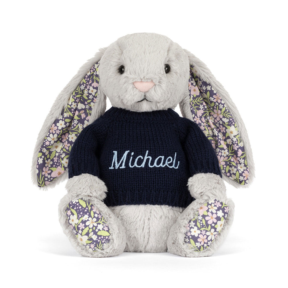Blossom Silver Bunny 'Bloom' with Personalized Navy Jumper | Jellycat