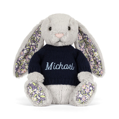 Blossom Silver Bunny 'Bloom' with Personalized Navy Jumper | Jellycat